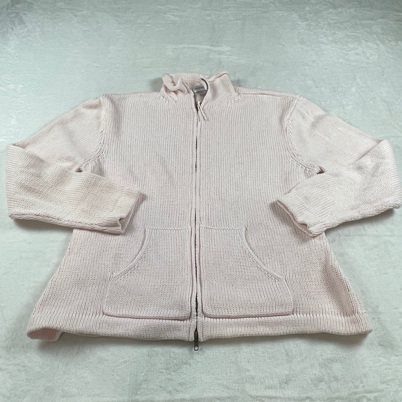 Chico's Sweaters - Chicos Pink Full Zip Cardigan Sweater Mock Neck Ramie Cotton Ribbed Size 3 L XL